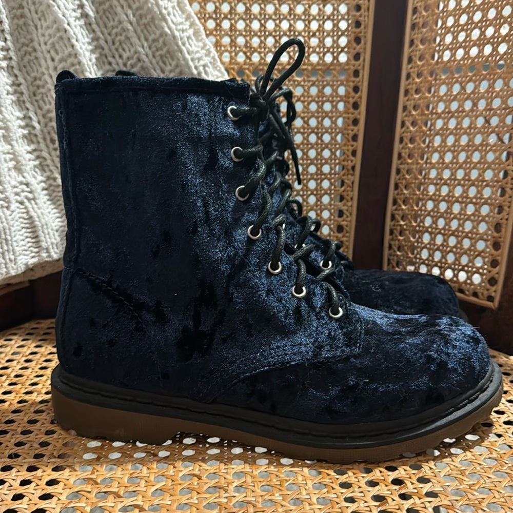 Crushed Blue Velvet Combat Boots